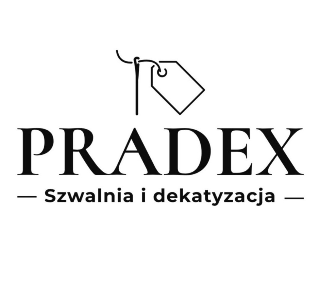 Logo firmy PRADEX, szwalni i dekatyzacji, z igłą przewleczoną przez metkę.