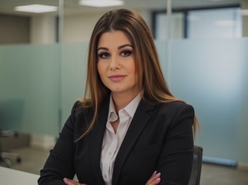 Profesjonalny portret kobiety w czarnym żakiecie, skrzyżowane ręce, biurowe tło z matową szybą. Uśmiech, długie włosy, subtelny makijaż.