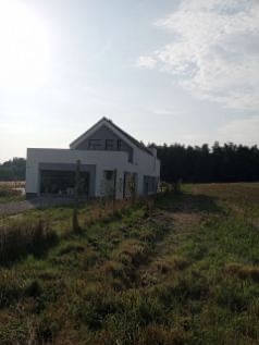 Nowoczesny dom jednorodzinny z białym wykończeniem elewacji, widoczny z perspektywy polnej drogi, z lasem w tle i silnym światłem słonecznym.