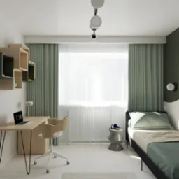 Pokój młodzieżowy z biurkiem, łóżkiem i szafkami w odcieniach zieleni i drewna. Nowoczesny design z minimalistycznym oświetleniem i jasną podłogą.