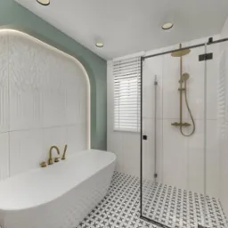 Nowoczesna łazienka z wolnostojącą wanną, kabiną prysznicową ze złotą armaturą i wzorzystą podłogą. Ściana z dekoracyjnym reliefem i subtelnym oświetleniem LED.