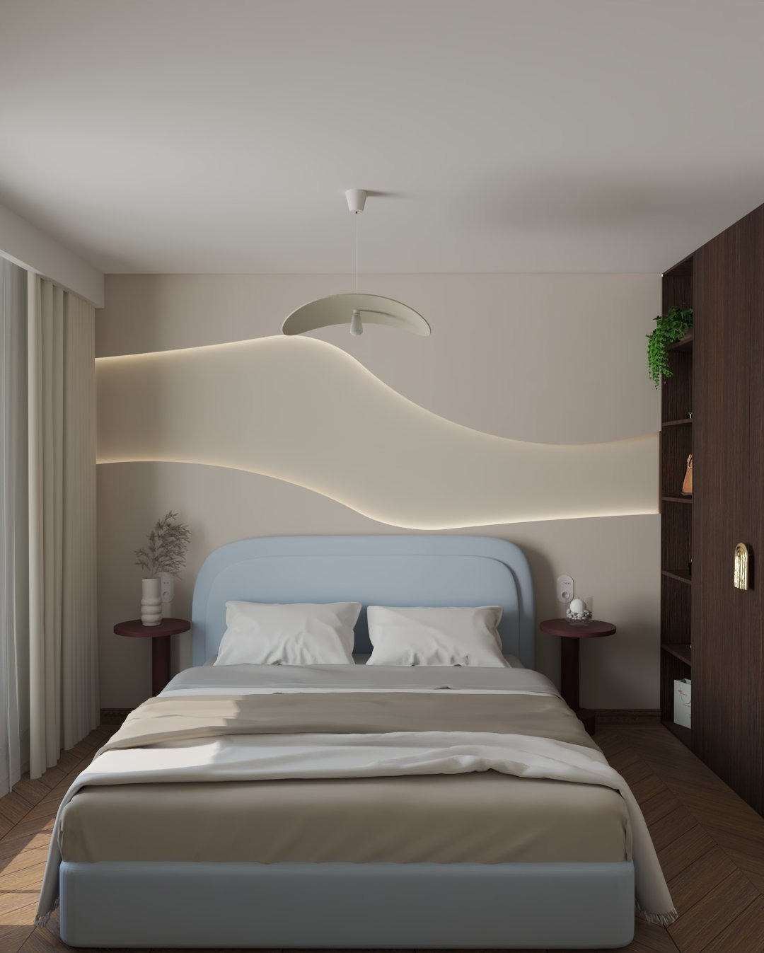 Nowoczesna sypialnia z błękitnym łóżkiem, falującą ścianą z podświetleniem LED, drewnianą podłogą i szafą. Minimalistyczny design z roślinami doniczkowymi.