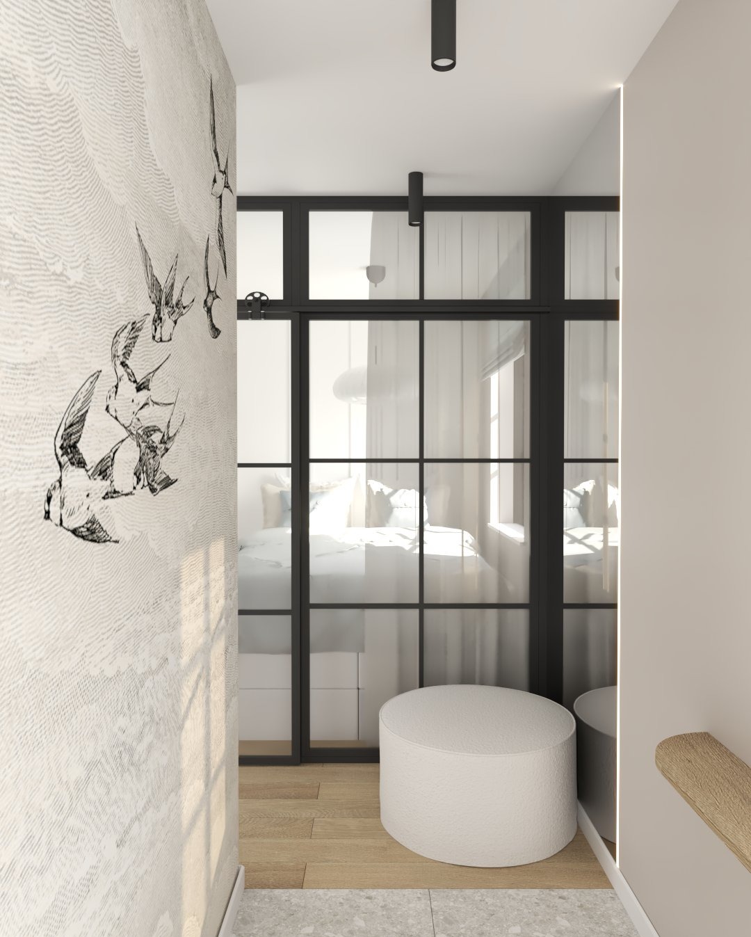 Nowoczesny przedpokój z tapetą w ptaki i widokiem na sypialnię przez szklaną ścianę. Biały puf dodaje komfortu, a minimalistyczne oświetlenie podkreśla styl.