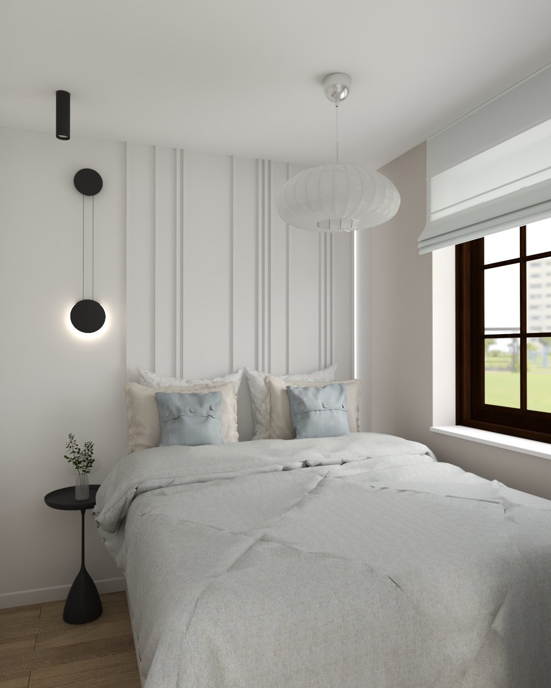 Jasna sypialnia z łóżkiem, okrągłą lampą i dekoracyjną ścianą z pionowymi panelami. Stolik nocny z rośliną i nowoczesne oświetlenie ścienne.