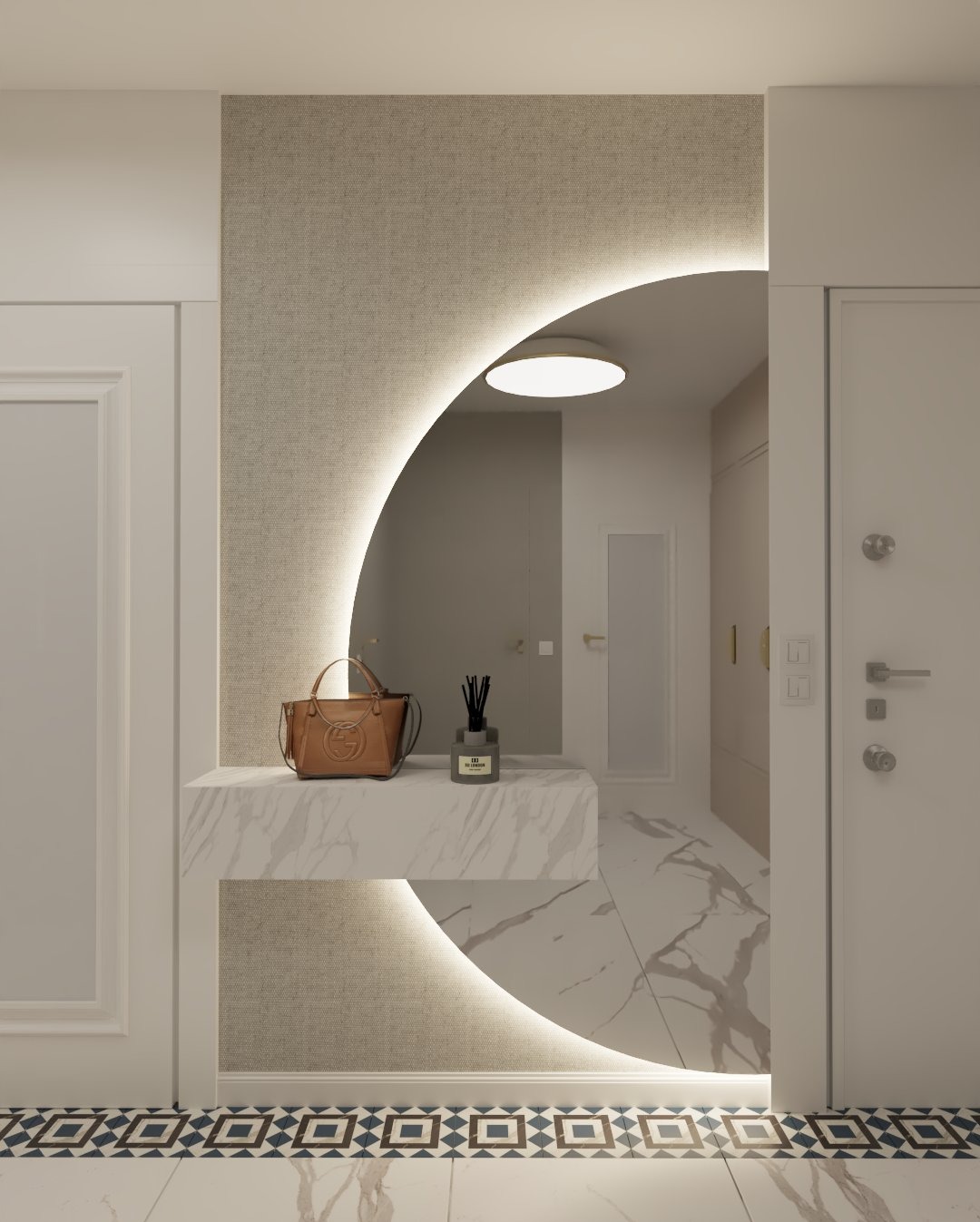 Nowoczesny hol z okrągłym lustrem podświetlonym LED, marmurowym blatem, torebką i dyfuzorem zapachowym. Eleganckie wykończenie podłogi i stonowana kolorystyka.