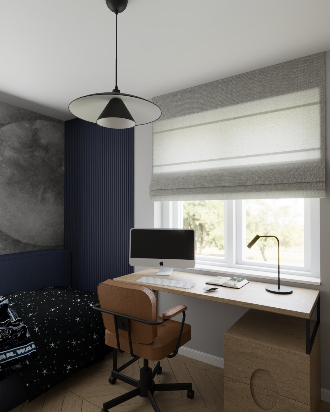 Pokój młodzieżowy: łóżko z motywem Star Wars, biurko z komputerem pod oknem z roletą rzymską, lampa biurkowa i sufitowa, ściana betonowa i z lamelami.