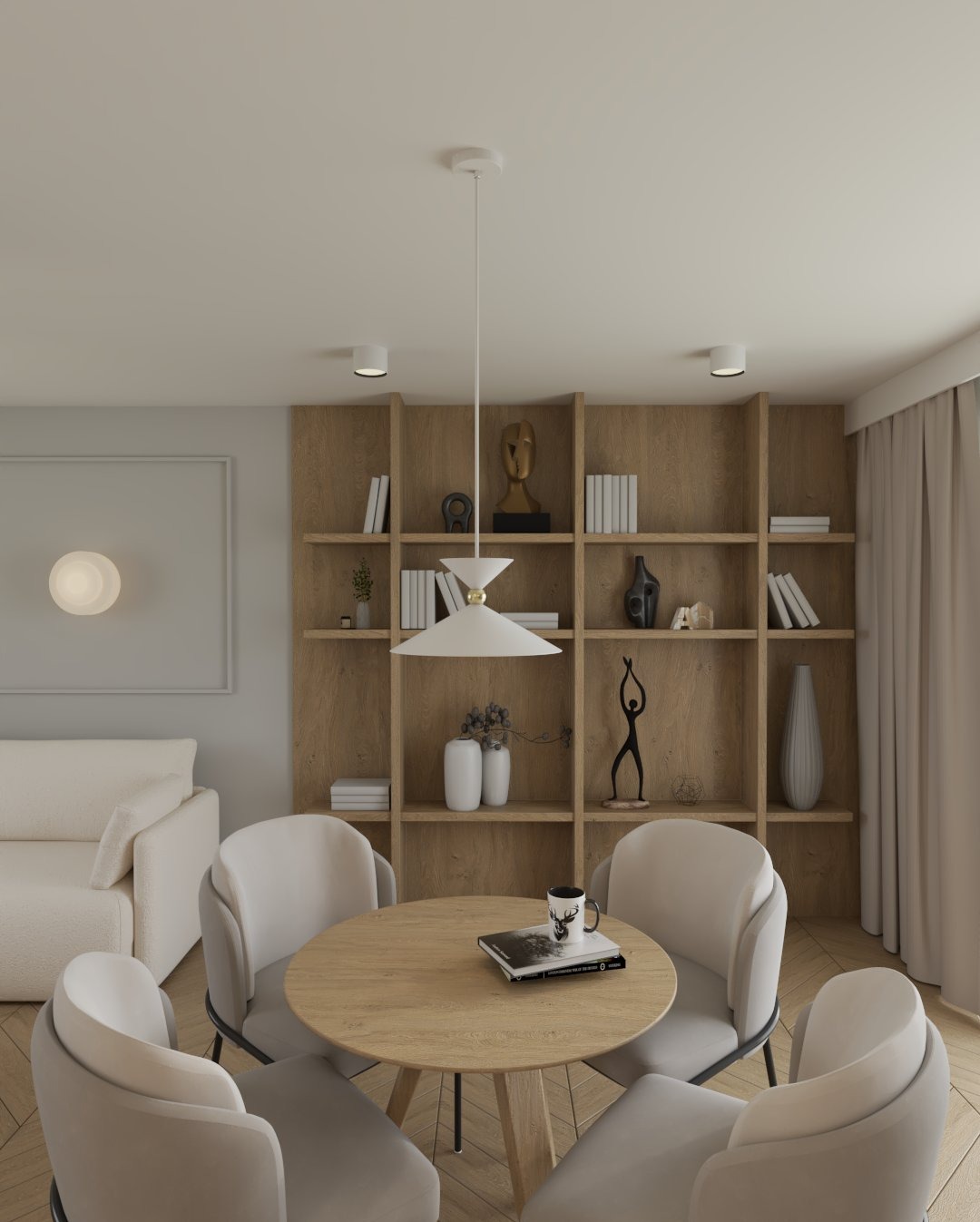 Jasne wnętrze: okrągły stół z książką i kubkiem otoczony krzesłami, na tle regału z dekoracjami. Nad stołem designerska lampa. W tle sofa i subtelne oświetlenie.