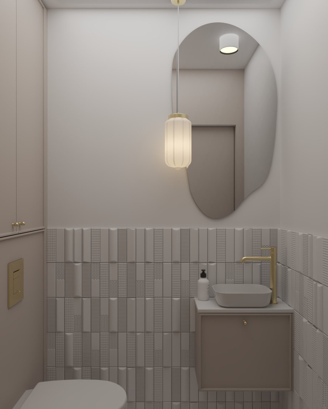 Nowoczesna łazienka w beżach: umywalka nablatowa, złota armatura, lustro o nieregularnym kształcie i dekoracyjne płytki 3D. Minimalistyczna lampa nad umywalką.