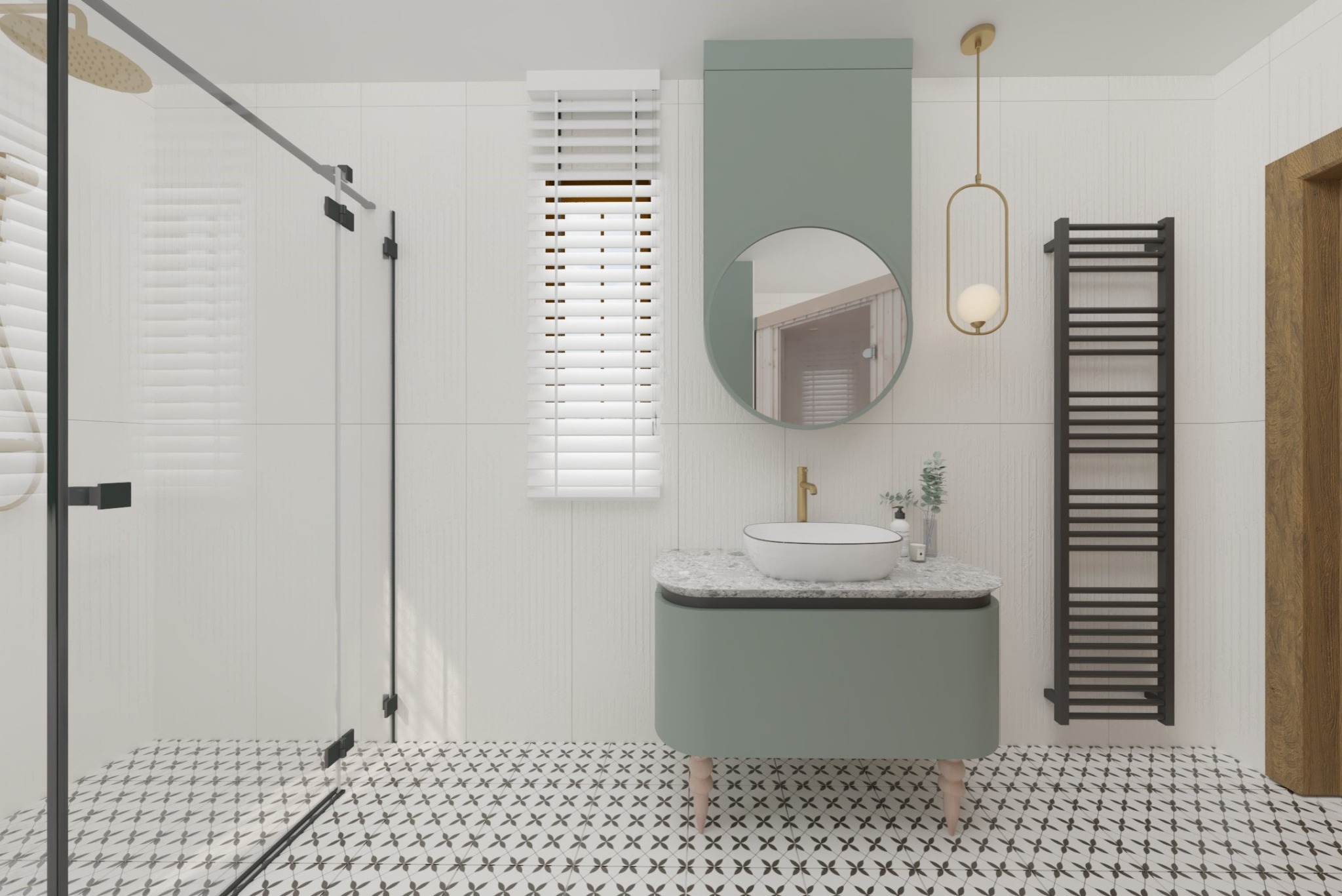 Nowoczesna łazienka z kabiną prysznicową, umywalką na szafce w odcieniach zieleni, dekoracyjną lampą i grzejnikiem drabinkowym na tle białych płytek.