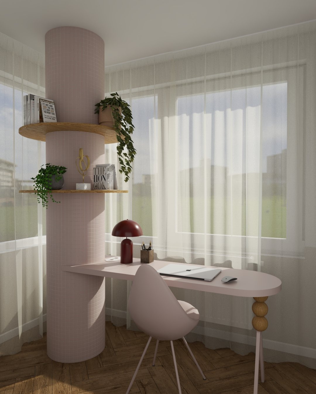 Różowe biurko z półkami w formie kolumny, laptopem i lampką na tle okna z firankami. Nowoczesny design w pastelowych barwach, drewniana podłoga.