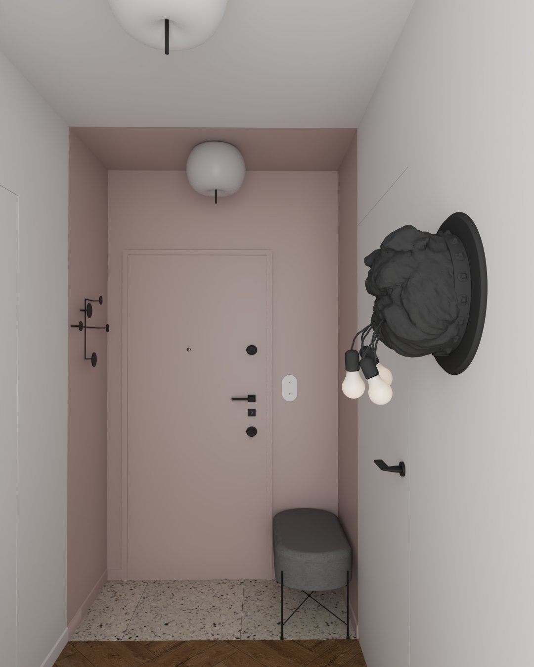 Nowoczesny przedpokój w pudrowym różu: drzwi, szara pufa, designerska lampa w kształcie głowy psa. Minimalistyczny wieszak i nietypowe oświetlenie sufitowe.