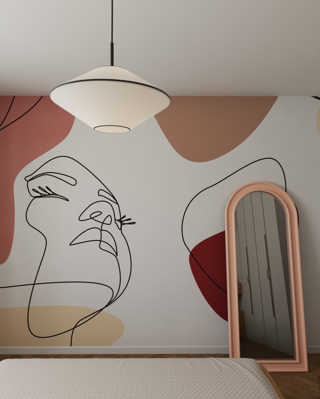 Pokój z lustrem w różowej ramie i lampą. Na ścianie abstrakcyjny rysunek twarzy i kolorowe plamy. Minimalistyczny design.