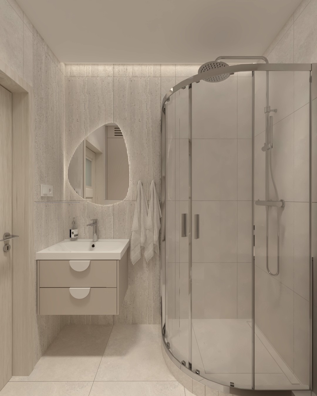 Jasna łazienka w bloku z lat 70. z kabiną prysznicową, umywalką z szafką i lustrem o nieregularnym kształcie z podświetleniem LED. Minimalistyczny design.