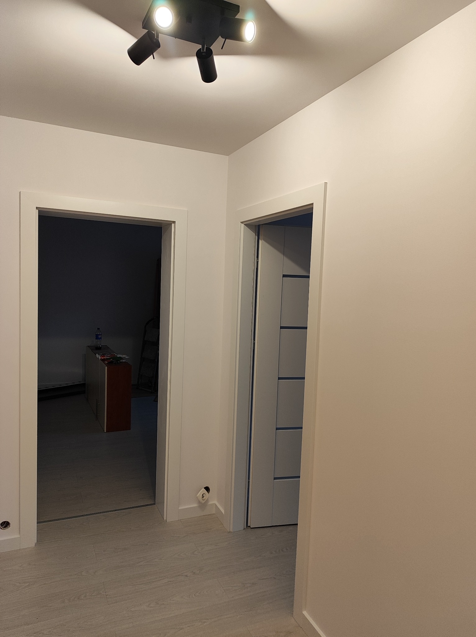 Wnętrze mieszkania po remoncie: widok na dwa otwory drzwiowe z białymi ościeżnicami, sufit z reflektorami punktowymi, ściany pomalowane na jasny odcień, podłoga wyłożona panelami imitującymi drewno...