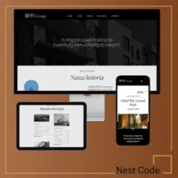 Responsywna strona internetowa BFR Group wyświetlana na monitorze, tablecie i smartfonie, prezentująca realizacje inwestycji nieruchomościowych, z widocznymi zakładkami Home, O Nas, Oferta...