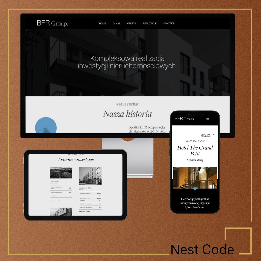 Responsywna strona internetowa BFR Group wyświetlana na monitorze, tablecie i smartfonie, prezentująca realizacje inwestycji nieruchomościowych, z widocznymi zakładkami Home, O Nas, Oferta...