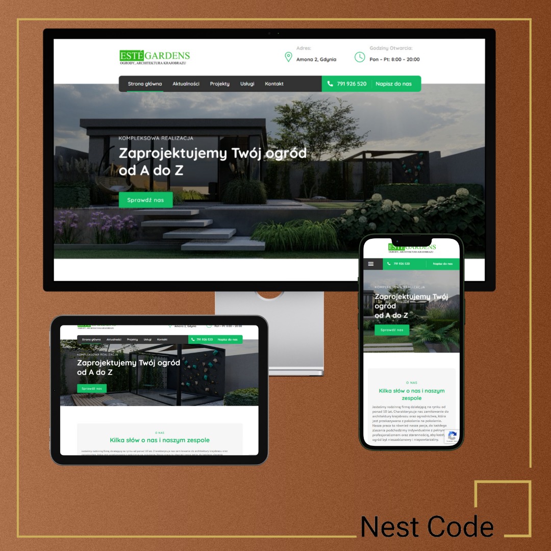 Responsywna strona internetowa firmy Este Gardens, specjalizującej się w projektowaniu ogrodów, wyświetlana na monitorze, tablecie i smartfonie, prezentująca hasło 'Zaprojektujemy Twój ogród od...