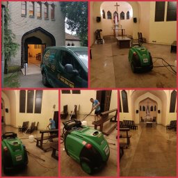 Paroclean Mobilna Myjnia Parowa - Czyszczenie posadzki w kościele przy użyciu parownicy; widoczny pracownik w trakcie pracy, wnętrze kościoła z ławkami i ołtarzem, oraz samochód firmy czyszczącej zaparkowany przed wejściem.