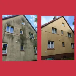 Porównanie elewacji budynku przed i po czyszczeniu, widoczne znaczne usunięcie zabrudzeń i odświeżenie koloru. Po lewej stronie ślady biologiczne i osady, po prawej czysta powierzchnia.