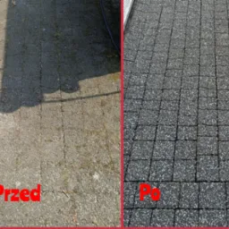 Porównanie stanu kostki brukowej przed i po czyszczeniu: po lewej stronie zabrudzona, porośnięta mchem, po prawej wyczyszczona, ukazująca naturalny kolor i strukturę.
