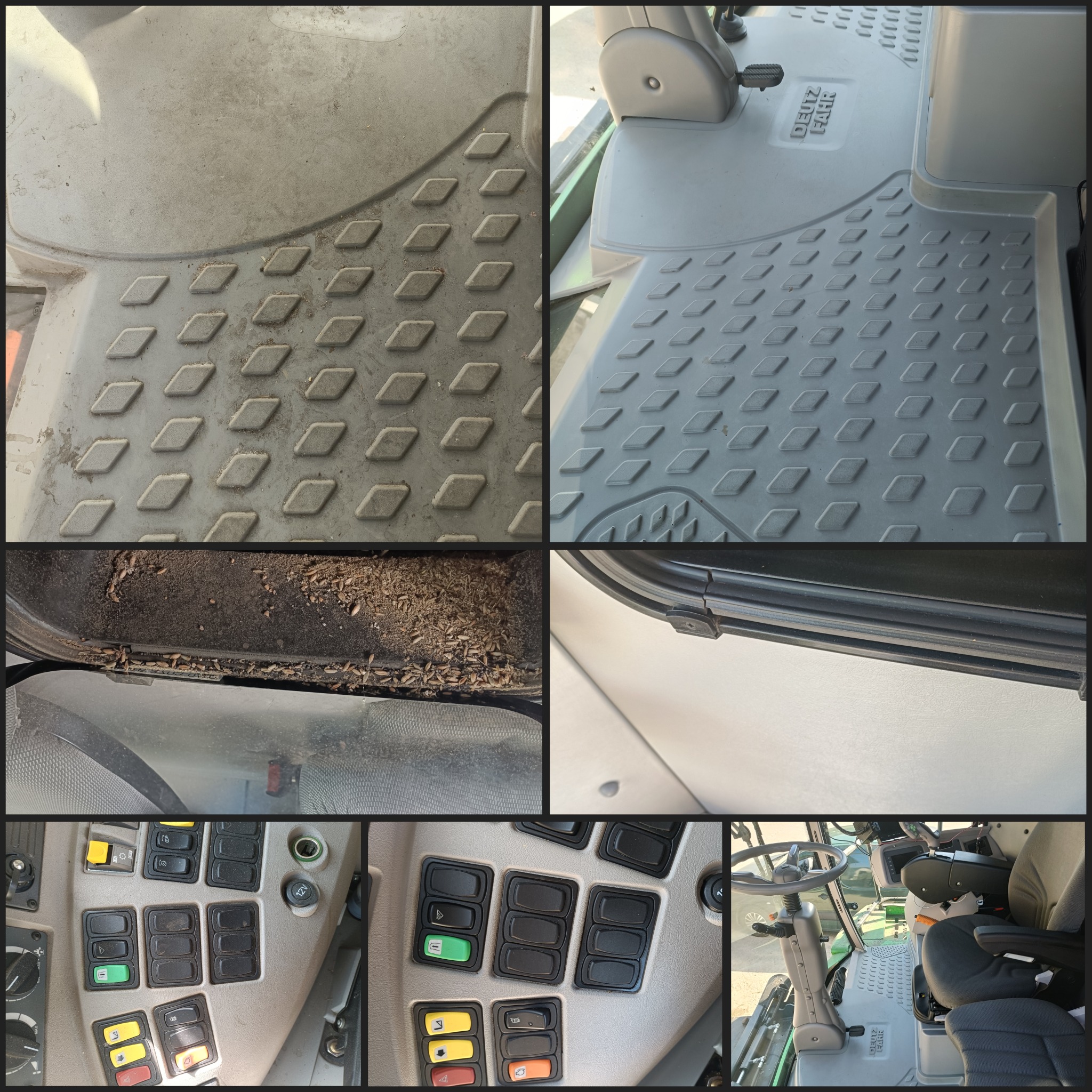 Wnętrze kabiny traktora marki Deutz-Fahr: widok na podłogę z gumową wycieraczką przed i po czyszczeniu, panel sterowania z przyciskami oraz zabrudzenia na szybie