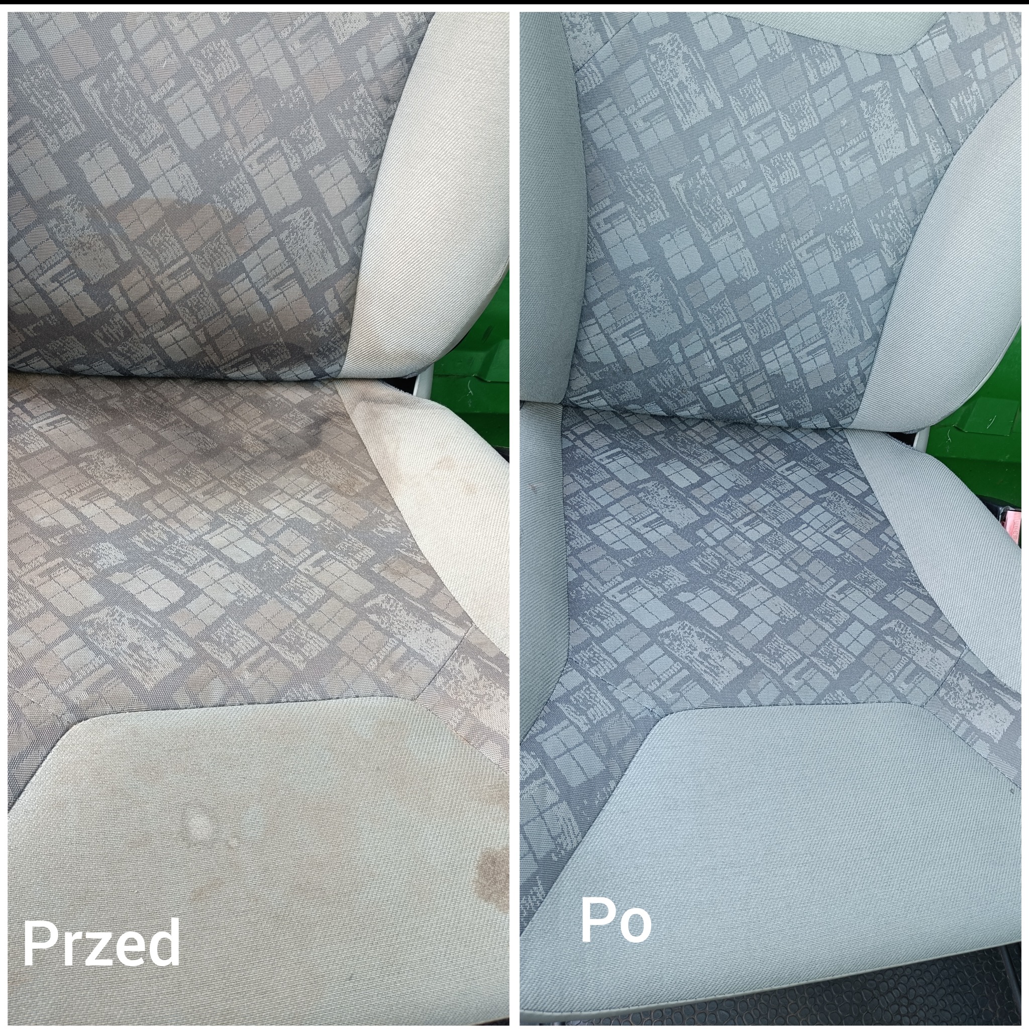 Tapicerka samochodowa w odcieniach szarości, podzielona na dwie części: po lewej stronie widoczne silne zabrudzenia, po prawej stronie tapicerka po czyszczeniu, z efektem odświeżenia i usunięcia...