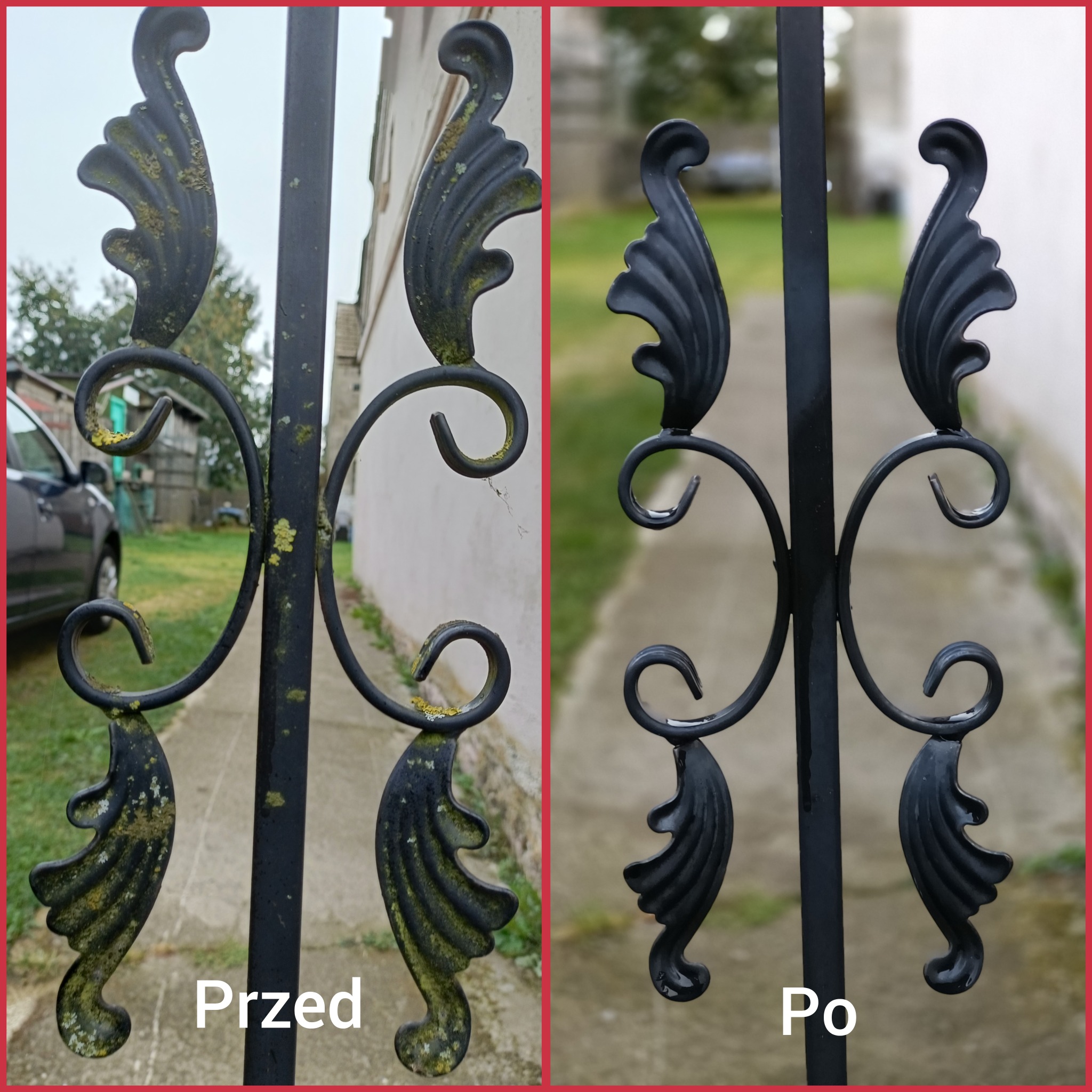 Kute, metalowe ogrodzenie ozdobne: fragment przed czyszczeniem, pokryty zielonym nalotem i fragment po czyszczeniu, lśniący czernią.