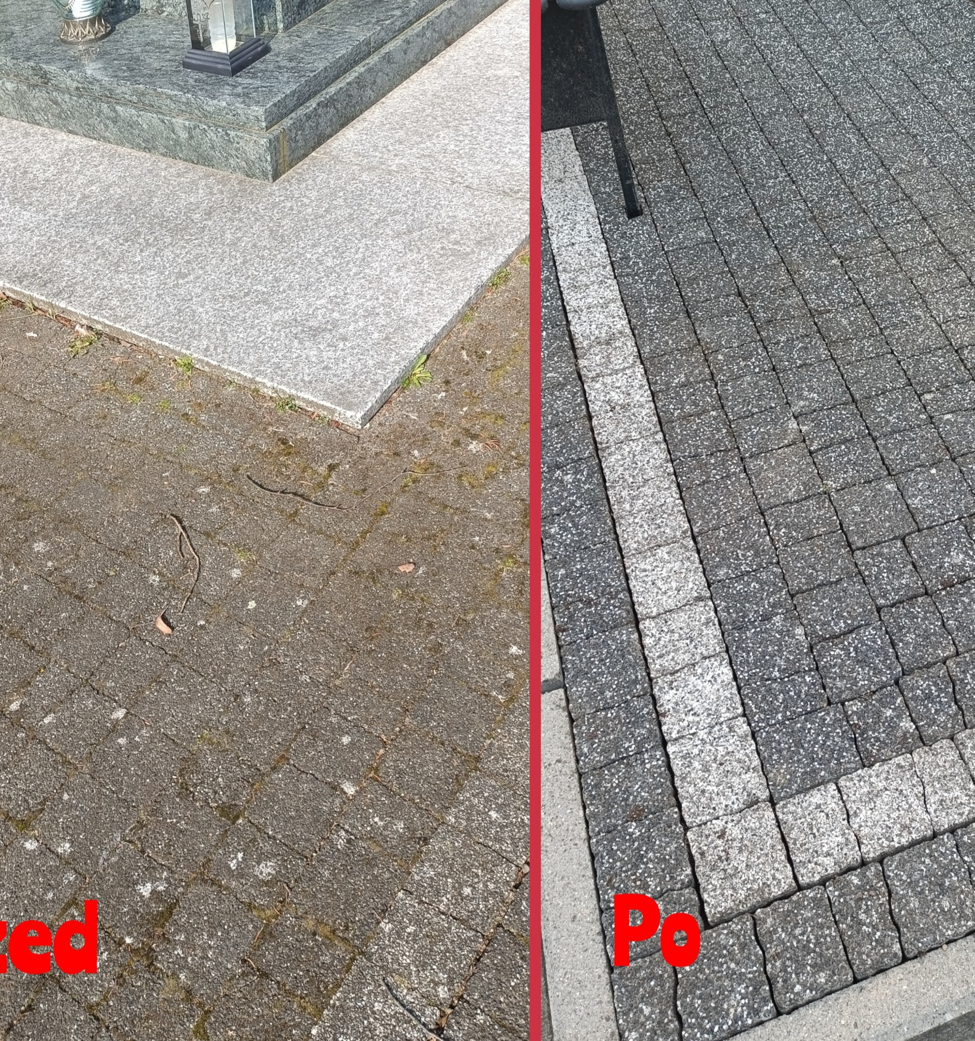 Porównanie stanu kostki brukowej przed i po czyszczeniu, widoczne zabrudzenia i mech po lewej stronie oraz czysta powierzchnia po prawej, z elementami nagrobka w tle.