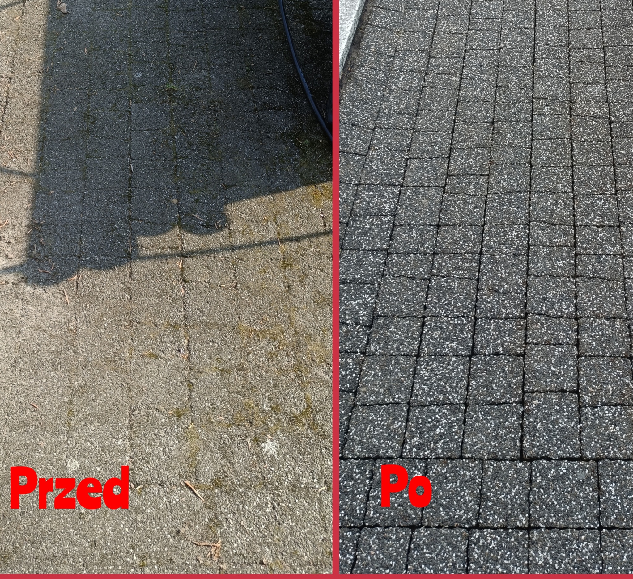 Porównanie stanu kostki brukowej przed i po czyszczeniu: po lewej stronie zabrudzona, porośnięta mchem, po prawej wyczyszczona, ukazująca naturalny kolor i strukturę.