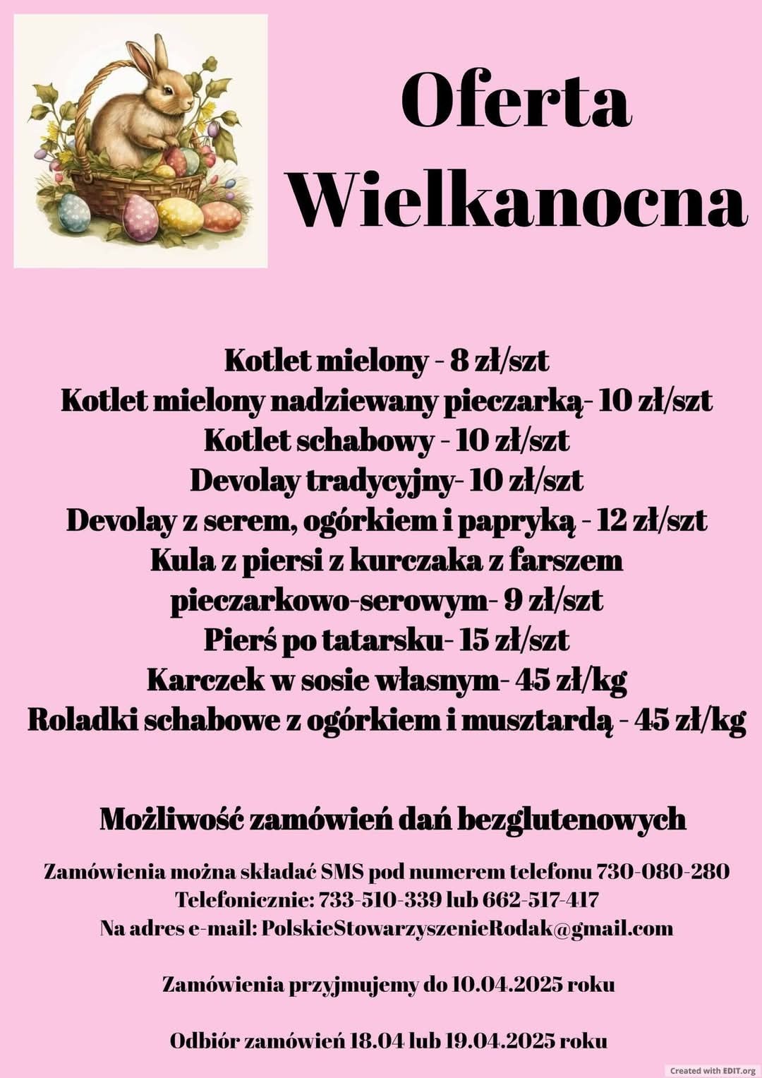 Plakat z ofertą wielkanocną: ilustracja królika w koszyku z pisankami nad spisem dań z cenami i informacjami o zamówieniach.