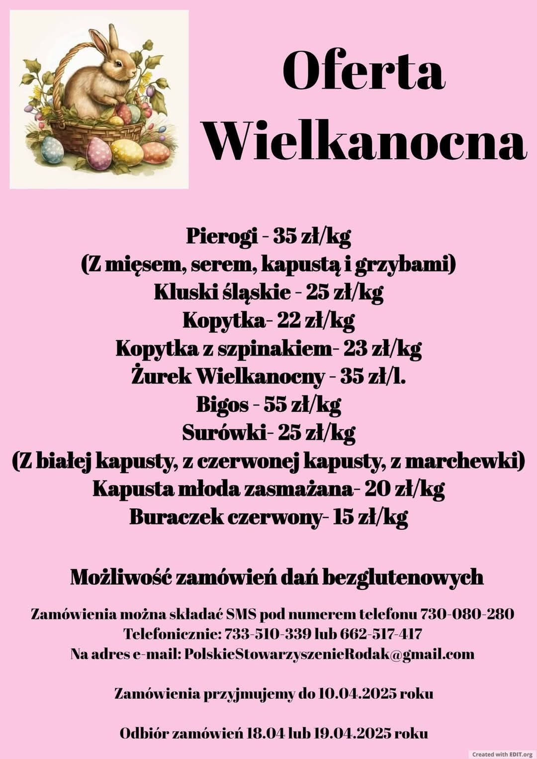 Grafika z ofertą wielkanocną: koszyk z pisankami i zajączkiem, lista dań (pierogi, kluski śląskie, kopytka, żurek, bigos, surówki, kapusta, buraczek) wraz z cenami za kilogram, informacja...