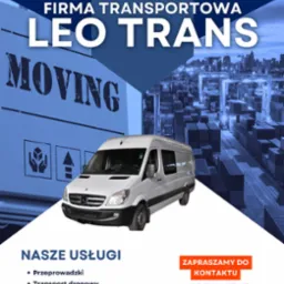 Grafika reklamowa firmy transportowej Leo Trans z białym busem na tle kontenerów i napisem MOVING, oferującej szeroki zakres usług transportowych.