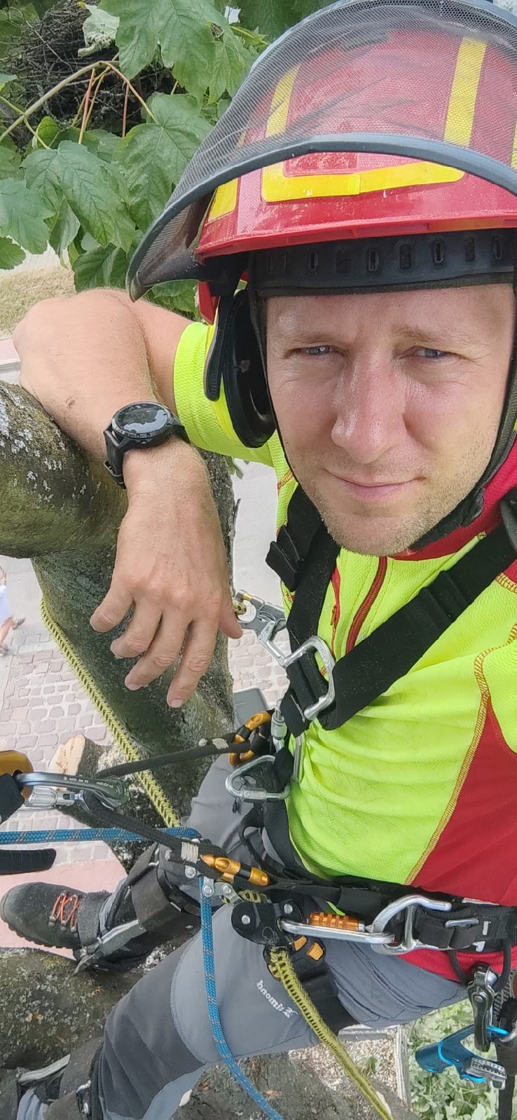 Arborysta w kasku i uprzęży, oparty o grubą gałąź drzewa podczas pracy na wysokości, widoczny zegarek na ręce i specjalistyczny sprzęt wpięty do uprzęży.