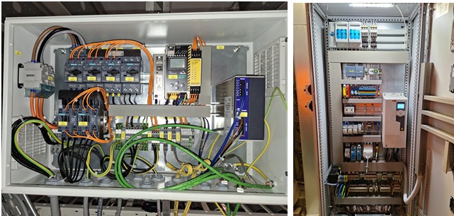 Dwa panele elektryczne z widocznymi stycznikami Siemens, sterownikami PLC, przewodami w różnych kolorach i zabezpieczeniami, zamontowane w metalowych obudowach.