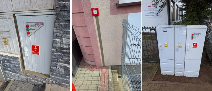 Trzy ujęcia szaf elektrycznych zewnętrznych: jedna wkomponowana w mur z kamienia elewacyjnego, druga z czerwoną obudową alarmową, trzecia wolnostojąca z numerem 806 przy ogrodzeniu.