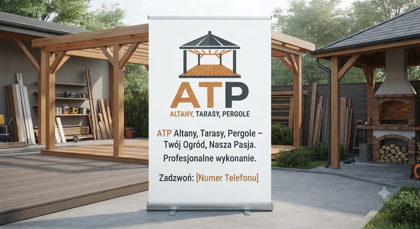 Biały roll-up reklamowy firmy ATP z grafiką altany, umieszczony na betonowym patio, w otoczeniu drewnianych zadaszeń i konstrukcji ogrodowych oraz murowanego grilla z zapasem drewna. W tle...