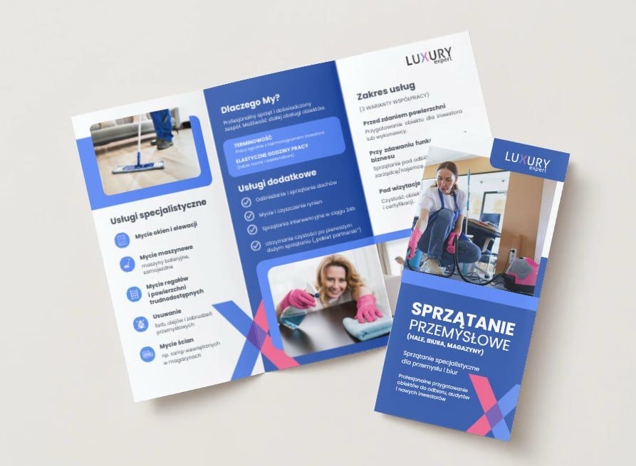 Ulotka reklamowa firmy sprzątającej Luxury Expert z ofertą sprzątania przemysłowego, biur i hal. Widoczne zdjęcia z realizacji i lista usług dodatkowych.