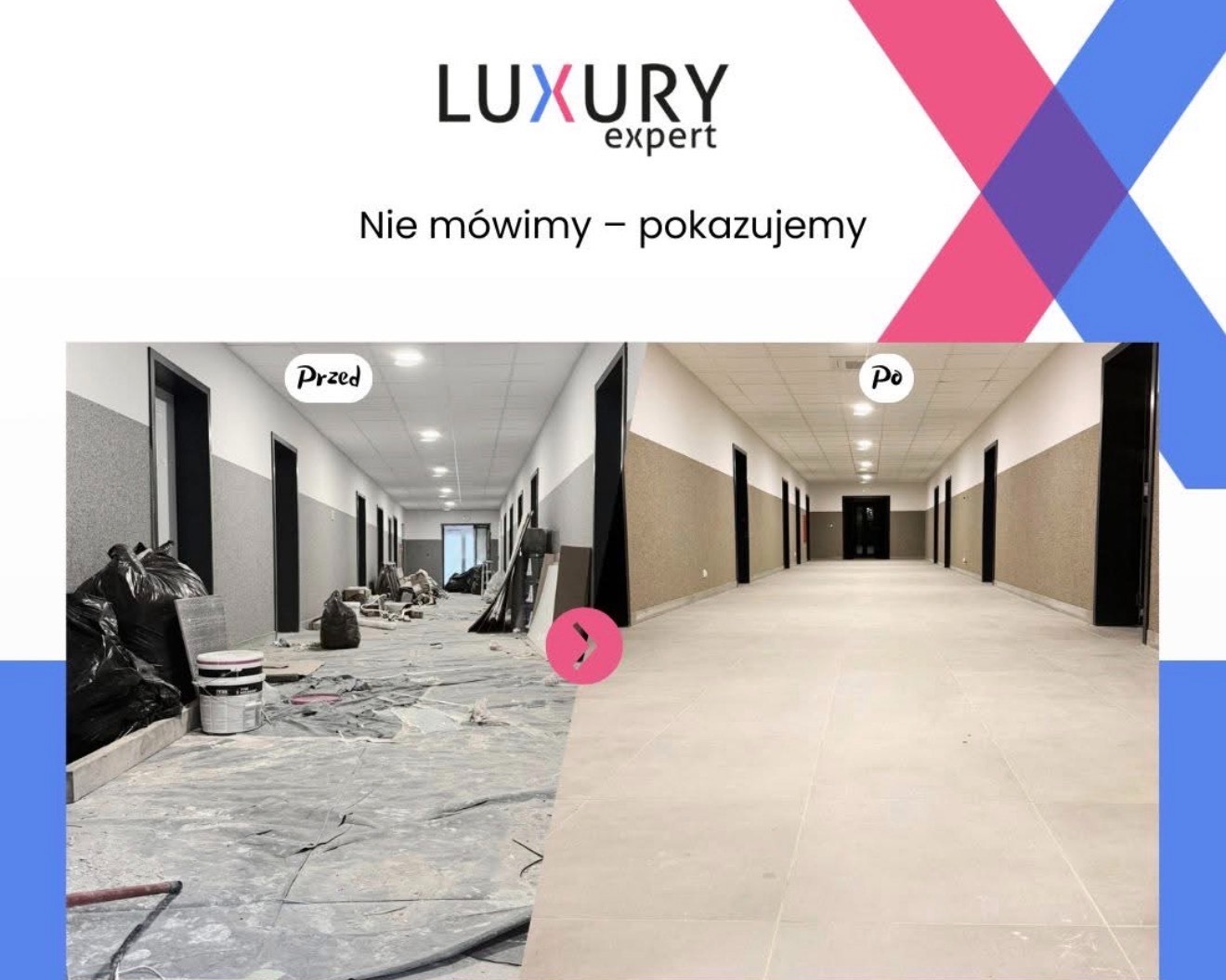 Korytarz w budynku w trakcie i po sprzątaniu. Po lewej widok 'przed' z workami na śmieci i resztkami po remoncie, po prawej 'po' - czysta podłoga i ściany.