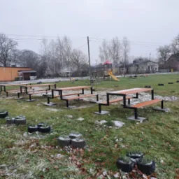 Zewnętrzna siłownia z drewniano-metalowymi konstrukcjami do ćwiczeń, otoczona trawnikiem z liśćmi i donicami w kształcie pniaków, w tle budynki i plac zabaw, pochmurna pogoda.