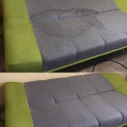 Kostiantyn Kalymaha - Szaro-zielona kanapa przed i po czyszczeniu, z widocznymi plamami przed i czystą tapicerką po zabiegu.