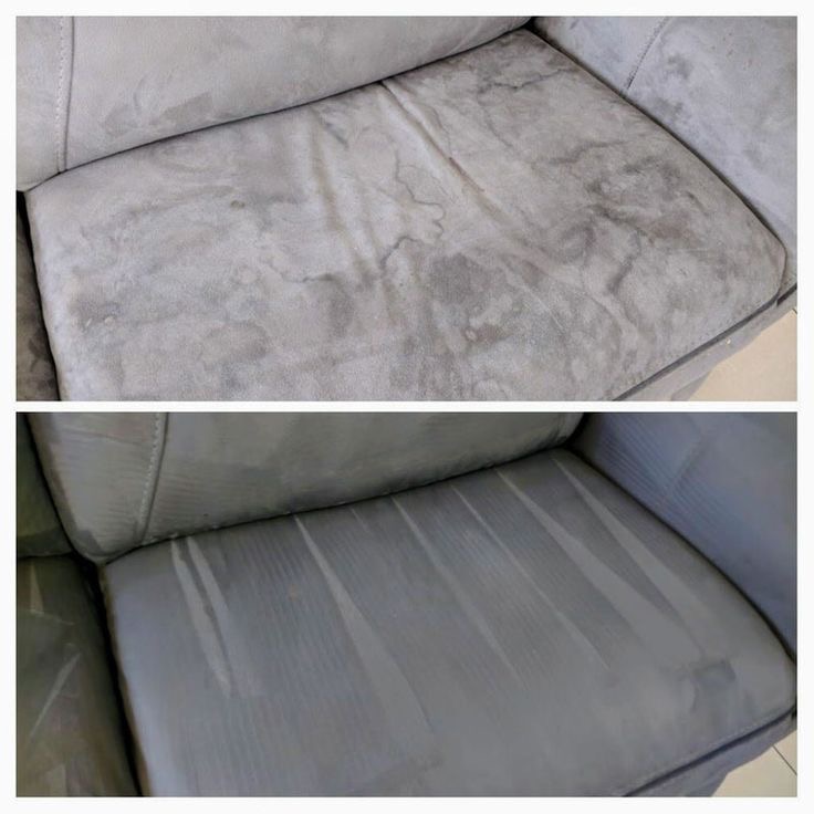 Porównanie stanu siedziska szarej sofy przed i po czyszczeniu, widoczne różnice w usunięciu plam i zabrudzeń, z bliska.