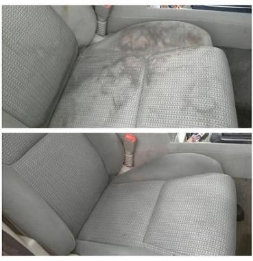 Porównanie: Fotel samochodowy z widocznymi plamami i zabrudzeniami przed czyszczeniem (górne ujęcie) i ten sam fotel po profesjonalnym praniu tapicerki (dolne ujęcie), ukazujące znaczną poprawę...