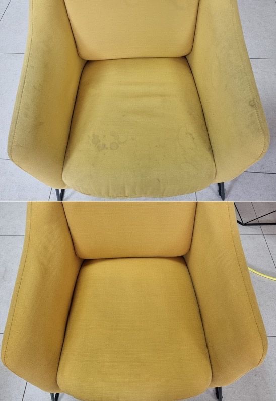 Żółty fotel tapicerowany: górna część z widocznymi plamami, dolna część po czyszczeniu, ukazująca różnicę w wyglądzie.