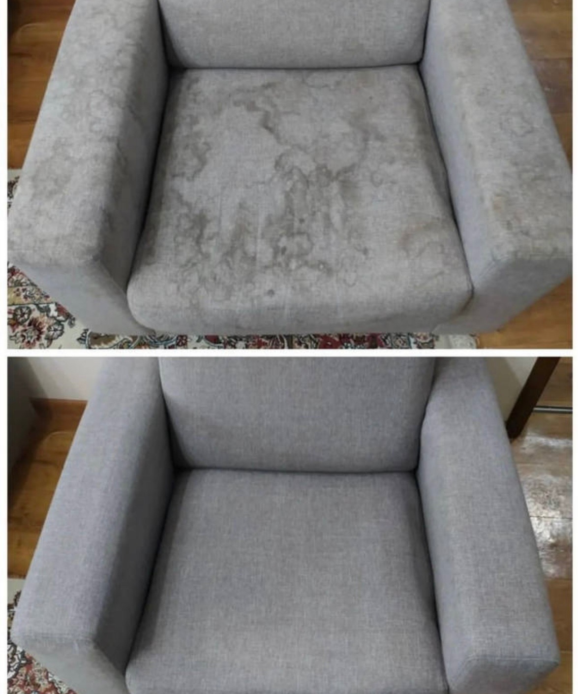 Szara sofa przed i po praniu. Widoczne plamy na siedzisku i ramionach przed czyszczeniem, a po czyszczeniu jednolity, czysty kolor.