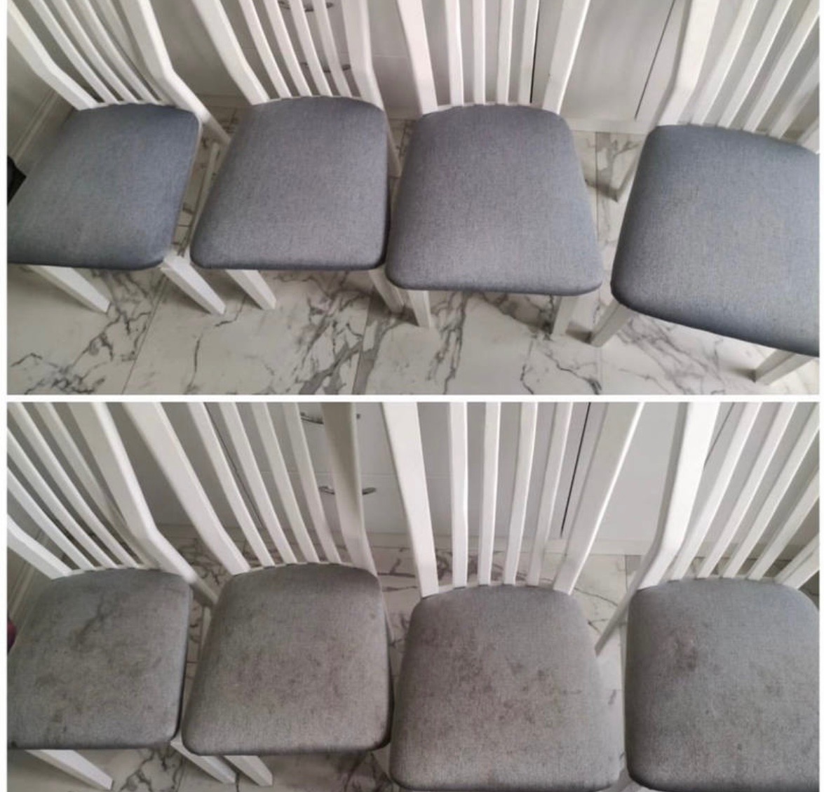 Porównanie czystości tapicerowanych siedzisk krzeseł przed i po czyszczeniu, widoczne różnice w odcieniu szarości i usunięte plamy.
