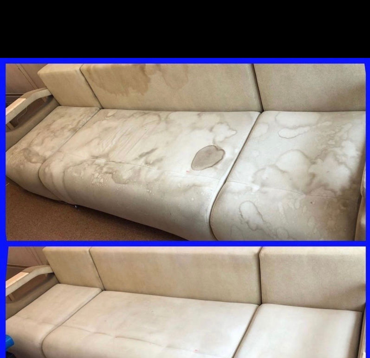 Dwuczęściowe ujęcie sofy: górne z widocznymi, rozległymi plamami i zaciekami, dolne po czyszczeniu, prezentujące odświeżony, jednolity kolor tapicerki.