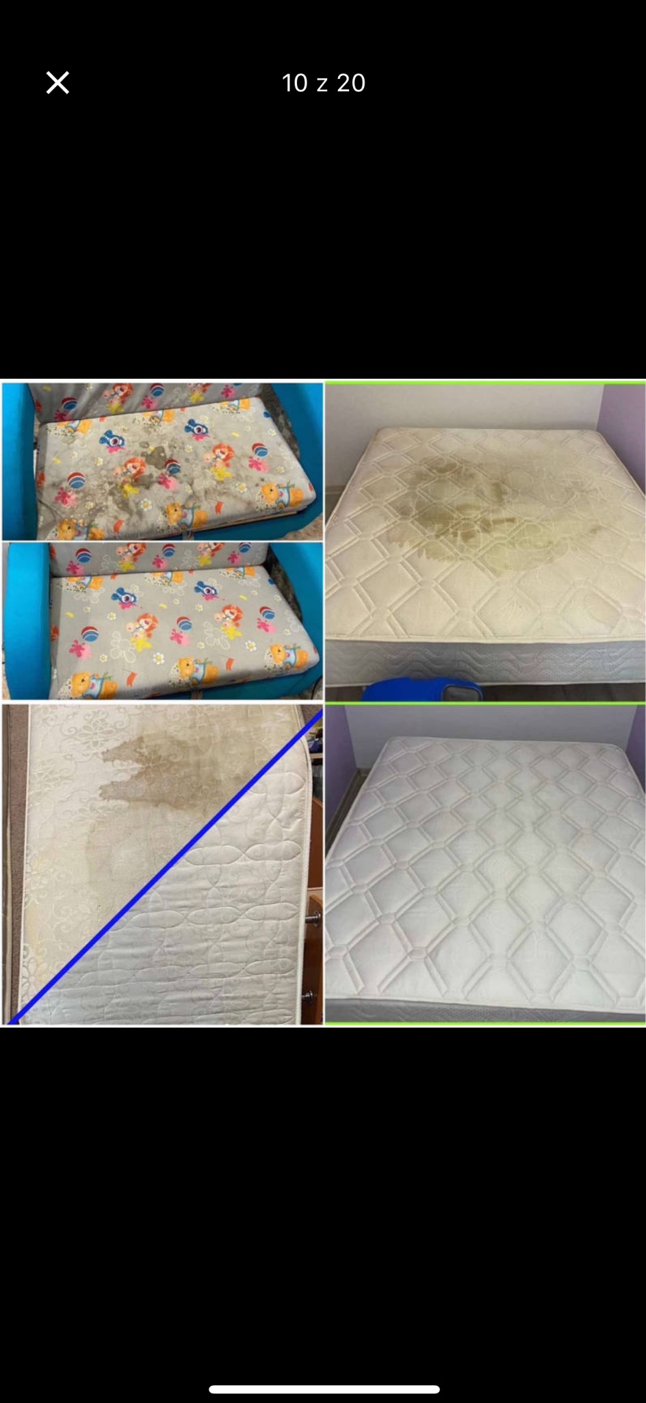 Kolaż czterech zdjęć: dwa przedstawiają dziecięcy materac do łóżeczka przed i po czyszczeniu, a dwa pozostałe pokazują materac do łóżka z plamami przed i po czyszczeniu.