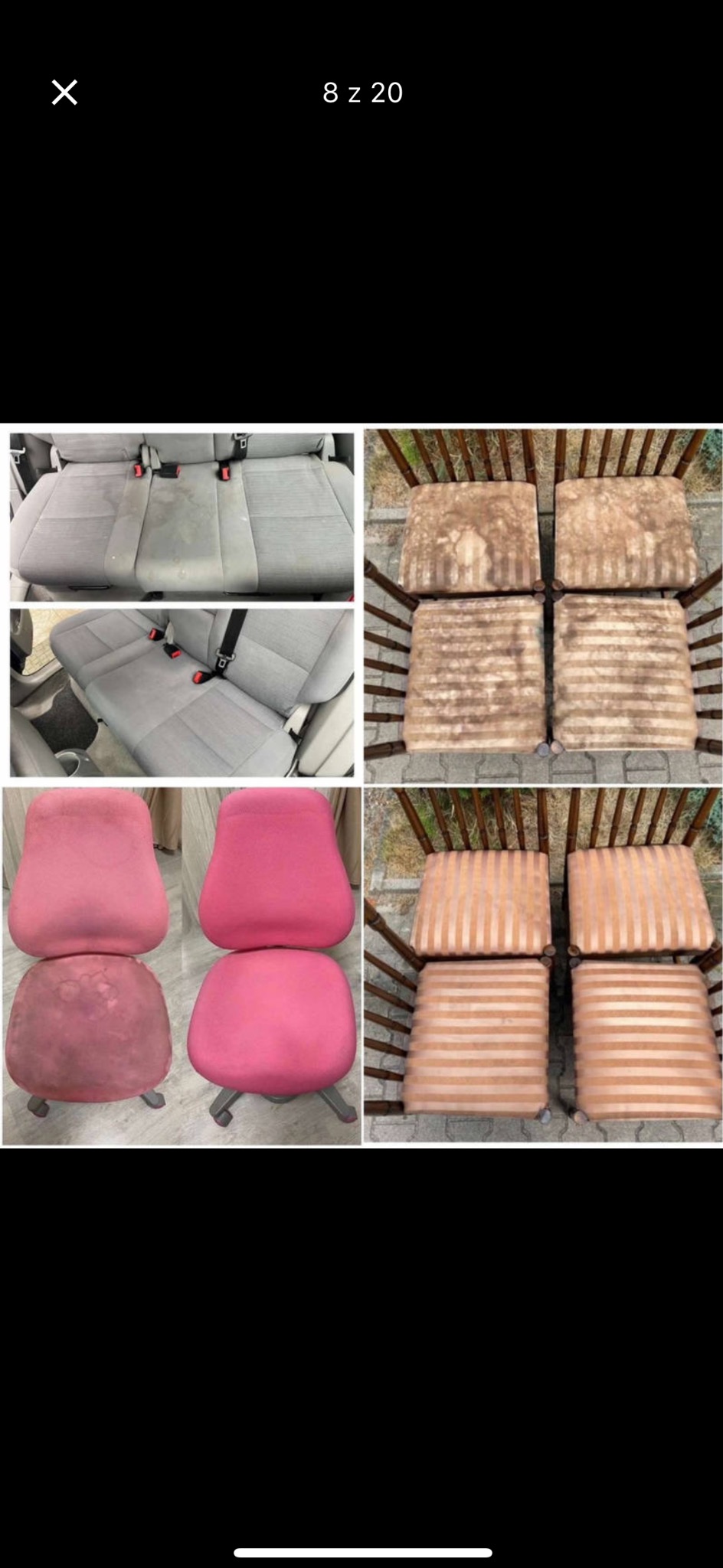 Kolaż przedstawiający fotele samochodowe, krzesła ogrodowe z poduszkami oraz krzesła biurowe przed i po czyszczeniu, ukazujący różnicę w wyglądzie.