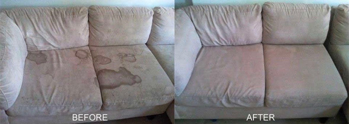 Dwuosobowa kanapa w odcieniach beżu, podzielona na dwie części: lewa z widocznymi plamami przed czyszczeniem, prawa po czyszczeniu, z napisem 'BEFORE' i 'AFTER' w dolnej części obrazu.