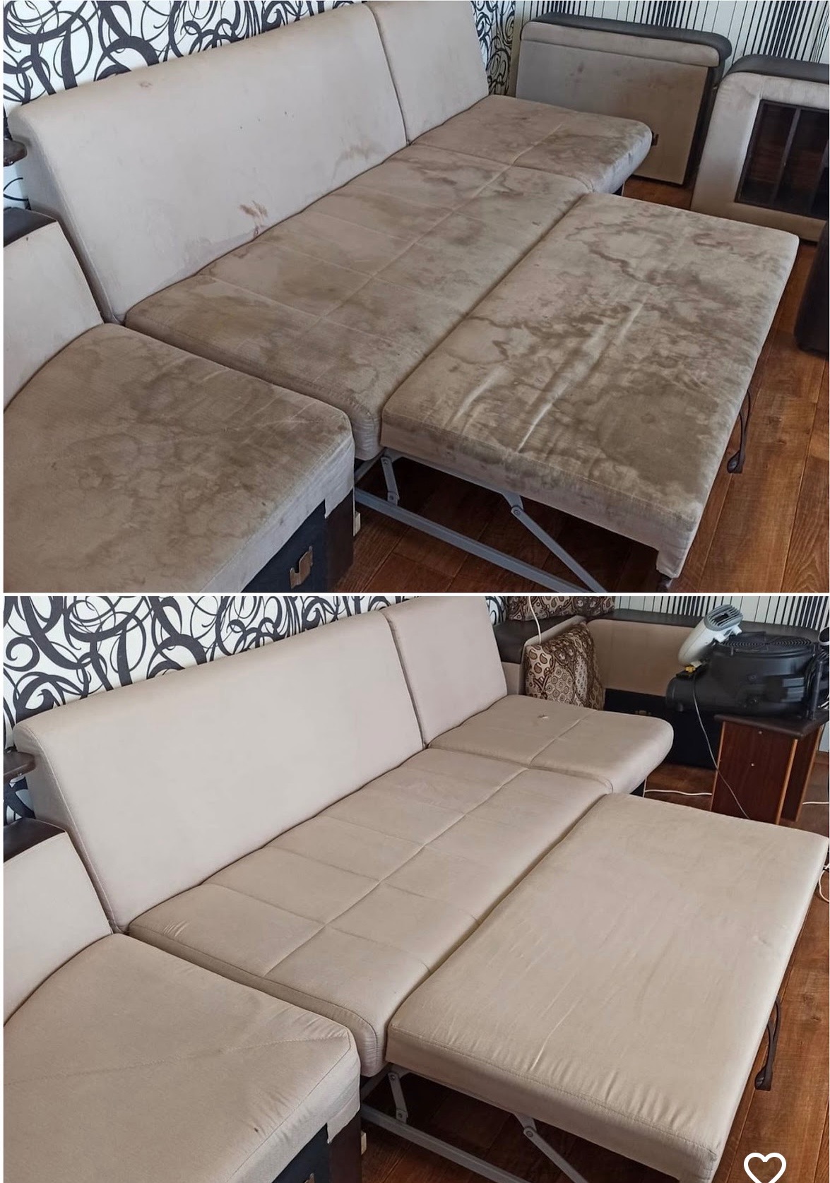 Zdjęcie przedstawia sofę modułową przed i po praniu tapicerki w Krakowie, ukazując znaczną różnicę w czystości i wyglądzie. Na górze widoczne są plamy i zabrudzenia, a na dole odświeżona, jasna...